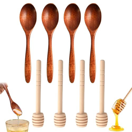 8 Piece Set Honey Spoon Include 4pcs Honey Dipper and 4pcs Honey Stick,Honey Stick Honey Dipper Sticks,Rugged Honey Spoon Wooden, for Honey Jar Dispensing and Kitchen Use Natural Small Wooden Spoons