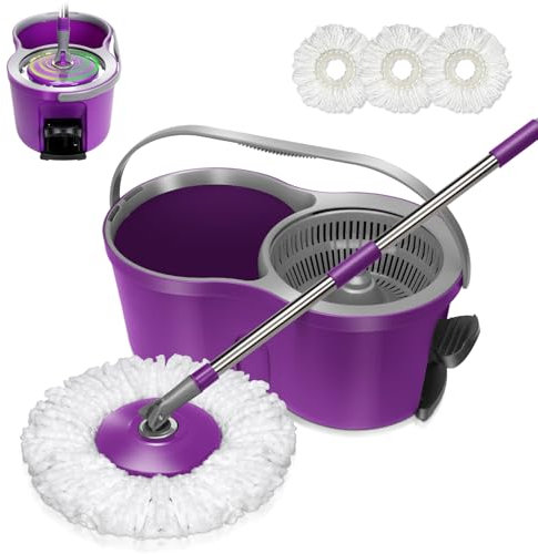 Masthome Seau Essoreur à Pédale et Balai à Franges en Microfibre, Serpillière Magique et Essoreur 360° avec 3 Têtes Serpillère, Balai avec Poignée en Acier Inoxydable à 4 Sections,Violet