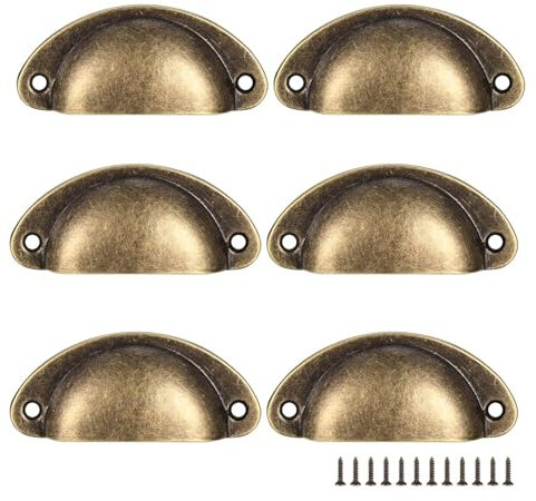6 x Vintage Shell Cup Pull Handles, Retro Metal Half Moon Closet Knob for Kitchen Cupboard Cabinet Furniture Door Drawer Knobs, Gold Vintage Bronze