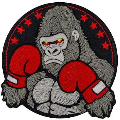 Boxing Gorilla Embroidered Patch Iron On – Fierce Gorilla with Red Boxing Gloves, 3.9 x 3.9 Inches, Iron on.