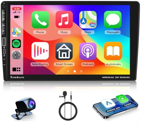 VECHTEL Radio Coche Bluetooth con Carplay Android Auto, Autoradio 1 DIN con Pantalla Táctil de 9 Pulgadas, Radio FM, Soporte Mirror Link, USB/Tipo-C, Controles en el Volante, Mic, Cámara Trasera