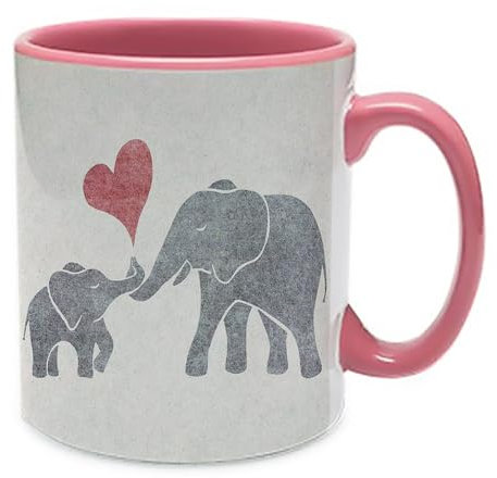 Giftme Heart Baby Elephant and Mum Elephant, Inside Coloured Mug, Ceramic Coffee, Tea Mug. (Pink)