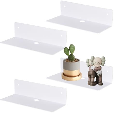 4 Pack No-Drill White Floating Shelves for Wall - Adhesive Acrylic Shelving, Small Shelves with Cable Clips and Screw for for Bedroom, Bathroom, Kitchen & Living Room(23x9x6cm, Capacity Up to 3kg)