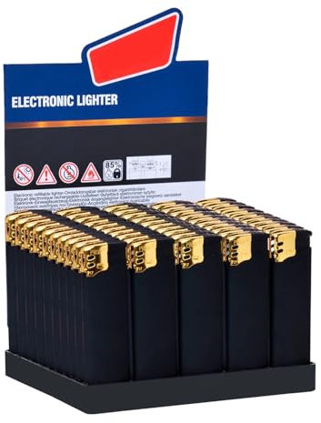 GeDi - Box 50 Pezzi Accendini Elettronici Ricaricabili Soft Touch Neri con Finitura Oro – Accensione a Scatto, Eleganti per Locali, Eventi, Feste, Addio al Celibato Nubilato