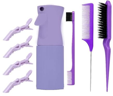 Flomiara 8-Piece Afro Hair Tool Set – Wide-Tooth Detangler, Slick Brush, Styling Combs & Leak-Proof Spray Bottle (8 Total), Gentle for Type 3a-4c Hair (Women & Teens), Color Purple