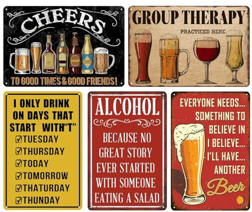 Vintage Metal Tin Sign for Home Bar & Man Cave - Retro Pub Wall Decor with Funny Beer & Alcohol Designs - Rustic Metal Plaque for Garden Shed & Indoor Decor 20 x 30 cm(5pcs)