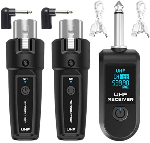 Trasmettitori e ricevitori per microfono wireless, ricevitore trasmettitore per chitarra wireless con convertitori e cavi dati, ideale per altoparlanti, mixer, microfono dinamico, conferenze