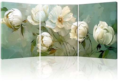 Piy Painting 3 Panel Groß Leinwand Bilder Weiße Blumen Bilder Wohnzimmer Moderne Florale Themen Kunstdrucke Wandbilder Mit Rahmen Dekorative Gemälde Leinwanddrucke Schlafzimmer Büro 57x40 cm