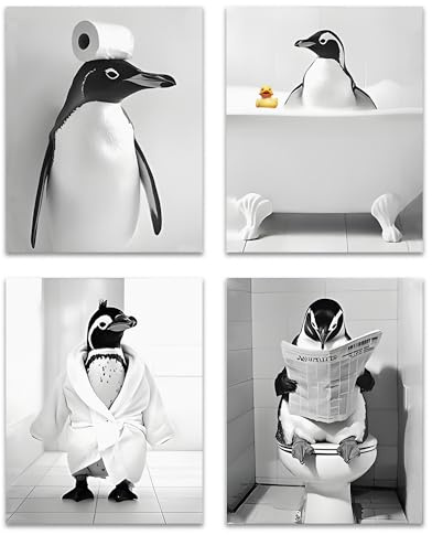 OFJE Funny Penguin Bathroom Wall Art Decor Prints Set of 4, Black and White Penguin in Bathtub Posters Pictures Wall Decor for Bathroom Washroom Restroom, 8x10 Unframed