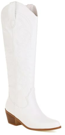 GHSIRUEU Damen Westernreitstiefel Runder Zeh Stämmiger Absatz Langschaft Stiefel,Weiß,35 EU