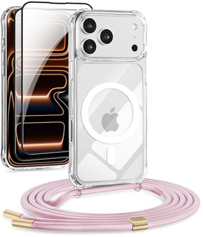 DiDaDi Coque pour téléphone portable pour iPhone 17 Pro avec bande et aimant - Chaîne de téléphone transparente, amovible avec 2X verre trempé + protection de l'appareil photo | Protection