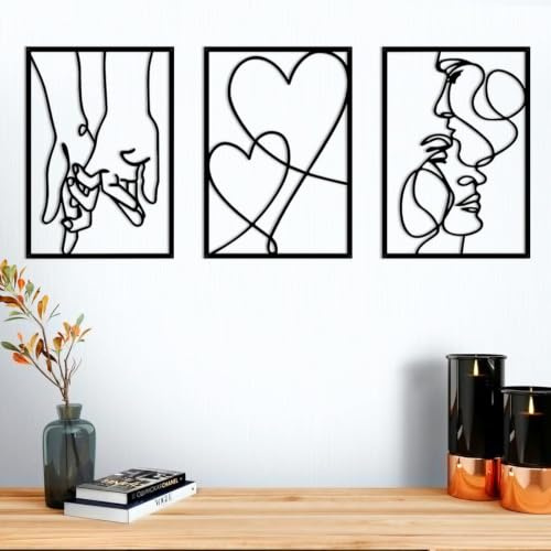 3 Stück Metall Wanddeko Schlafzimmer, Minimalistische Metall Wanddekoration, Moderne Wand Deko, Abstrakte Wandkunst, Schwarz Line Art Wanddeko für Wohnzimmer Schlafzimmer Badezimmer Büro Küche