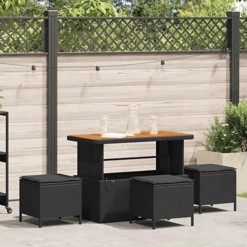 Ordellia Garten Essgruppe Schwarz Poly-Rattan, Akazienholz-Oberflächen, 3-Sitzer, für Terrasse & Balkon, Outdoor Möbel Set