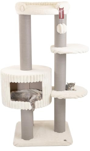 CanadianCat Company | Kratzbaum Edward Beige 158 cm hoch - Katzenbaum mit Höhle, Liegeplattform mit Rand, Kratzsäulen & Papier-Kratzstamm | 68 x 68 x 158 cm