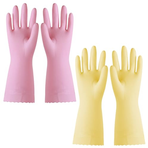 2 Pairs Reusable Cleaning Gloves, Large Household Gloves, Water Resistant Reusable Dish Washing Glove for Kitchen, Bathroom and Dishwashing (Yellow, Pink)