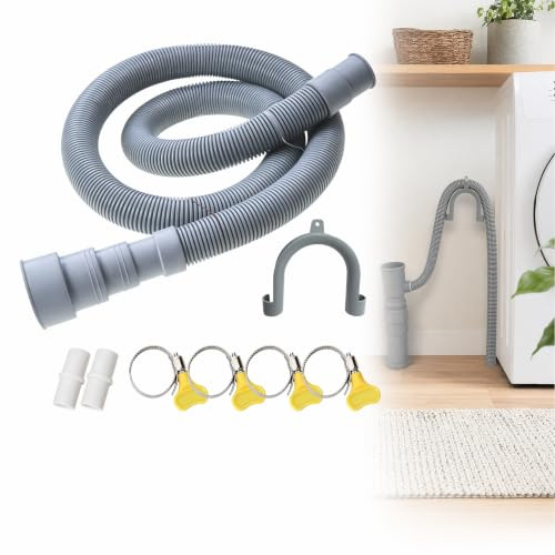 1.5M Washing Machine Drain Hose Caravan Waste Water Pipe Kit | Plastic Replacement Extension for Dryers Dishwashers 2 White Connector 4 Clamps U Bracket 20mm Gray