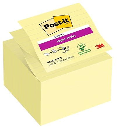 Post-it Super Sticky Large Z-Notes Canary Yellow Lined 101 mm x 101 mm 90 Sheets/Pad 5 Pads/Pack
