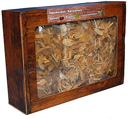 Landree Räucherchips Adventure Mix 3 x 2 L (Kirsche, Pappel, Schwarzwälder) Aromatische Wood Chips für Grill Smoker BBQ, 100% Natürlich