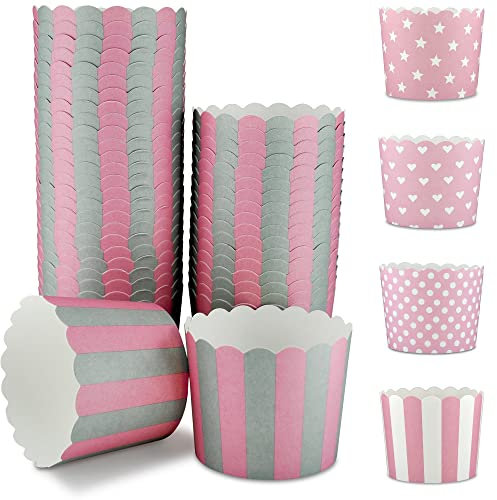 Frau WunderVoll® 100 Muffin Backformen, rosa graue Streifen, Durchmesser 6,1 cm/Muffinbackform, Muffinform, Cupcakeformen, Backförmchen, Cupcake Formen, Muffin Förmchen Papier