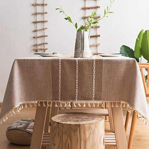 Pahajim Tischdecke Quaste Baumwolle Leinen Elegante Tischdecke waschbare Küchentischabdeckung für Speisetisch (Troddeln Braun, Rechteckig/Oval, 140 x 300 cm, 10-12 sitzes)