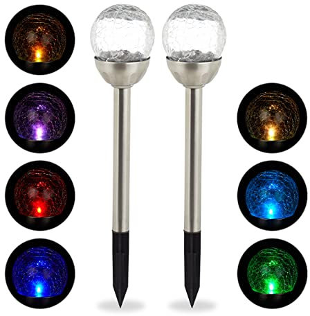 Relaxdays 4 x Gartenleuchte Glaskugel, LED Solarleuchten in Bruchglas Optik, Farbwechsel, Wegeleuchte inkl. Erdspieß, Silber