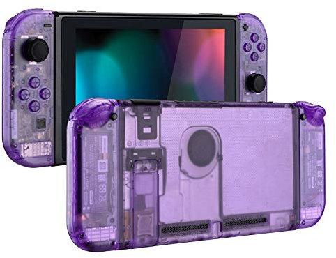 eXtremeRate Full Case für Nintendo Switch Joycon/Console, DIY-Ersatz Joy Con Shell/Tasten & Rückgehäuse & Kickstand, Custom Abdeckung Set für Nintendo Switch Konsole(Transparent Lila)