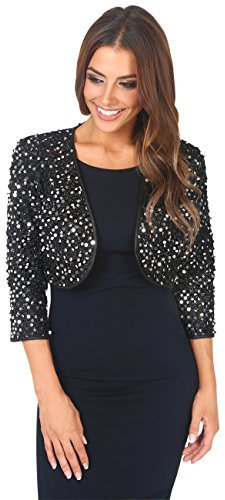 KRISP Damen Pailletten Bolero Schulterjacke Festliche Kurzjacke, Silber (7363), 48, (G7363-SIL-20)