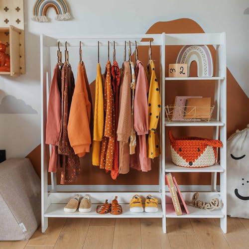Sweet Home From Wood Kleiderständer aus Holz mit Kleiderstange und Ausstellungsregal für Kinder - DIY Ankleidemöbel, offener Schrank für Kinder, Montessori Kleiderschrank - weiß lackiert