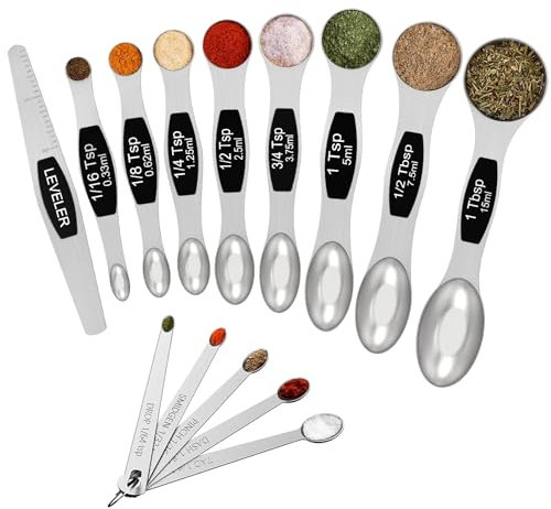 Wildone 14 Pack Stainless Steel Measuring Spoons Set, Including 8 Double Sided Magnetic Measuring Spoons(Black), 1 Leveler & 5 Mini Measuring Spoons, for Dry & Liquid Ingredients, Fits in Spice Jar