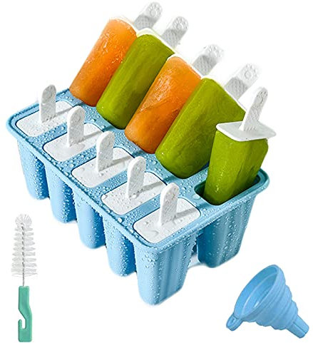 Moldes para Helados de Silicona, Reutilizable Molde para Hacer paletas para Hacer Helados, 12 Juego de Moldes para polos-10 Moldes de helado, 1Plegable Embudo,1cepillo de limpieza,libres de BPA
