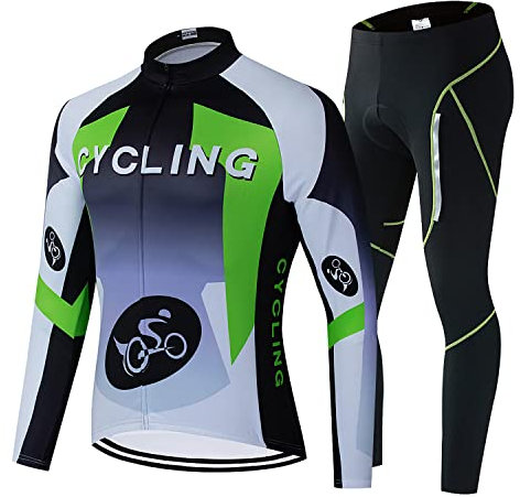 Radtrikot Set Langarm Herren Radsportanzüge mit 3D Sitzpolster Thermofleecefuttere Atmungsaktive Elastische Fahrradbekleidung für Radfahren, Jogging im Herbst Winter