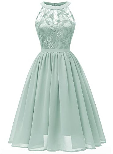 Abendkleider Elegant für Hochzeit Damen 50er Jahre Rockabilly Neckholder Swing Spitzen Chiffon Kleid Festlich Abschlusskleid Brautkleid Cocktailkleid Weihnachten Silvester Kurz Partykleid Grün M