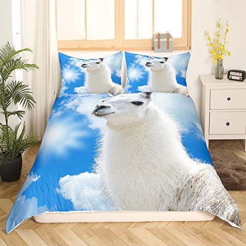 Niedliches Lama Bettwäsche Set Lama Alpaka Bettbezug für Kinder Jungen Mädchen Schlafzimmerdekor Cartoon Lama Alpaka Design Bettbezug 155 x 220 Blauer Himmel Wildtier Tagesdecke mit 1 Kissenbezug
