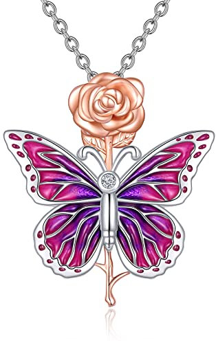 YAFEINI Butterfly Necklace Rose Flower Pendant 925 Sterling Silver Pink Purple Butterfly Jewellery Gift for Women Mum Girls