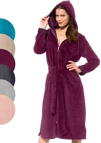 Morgenstern Bademantel Damen Reißverschluss Kapuze Hausmanel Bordeaux M