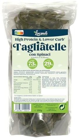 Locawo High Protein & Low Carb Nudeln Tagliatelle con Spinaci | 76% weniger Kohlenhydrate | 12-fache Menge Ballaststoffe | Vegan