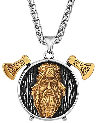 Viking Double Axe Odin Pendant Necklace - Men Stainless Steel Bear Head Berserker Amulet -Norse Runes Helm of Awe Totem Hip Hop Celtic Jewelry Gift