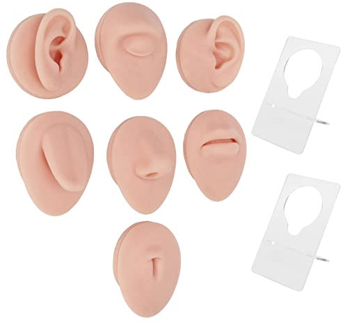 Silikon-Piercing-Körpermodell, Piercing-Körperteil-Modell mit Präsentationsständer, Weiches Silikon-Ohr-Mund-Nase-Auge-Zunge-Nabel-Modell für Piercing-Übungen (Mittlere Fleischfarbe)
