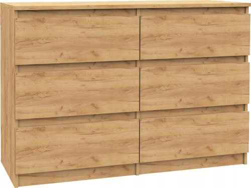 VBChome Kommode 6 Schubladen 120x39x81 cm Eiche Holzoptik Grifflos Vielseitiger Mehrzweckschrank Flur Schlafzimmer Wohnzimmer Kinderzimmer Einfache Montage Stabil Modern