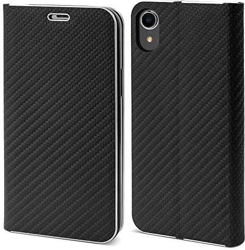 Moozy Custodia a Libro per iPhone XR, Carbonio Nera - Protezione dei Bordi Metallici Flip Cover Portafoglio con Appoggio e Porta Carte