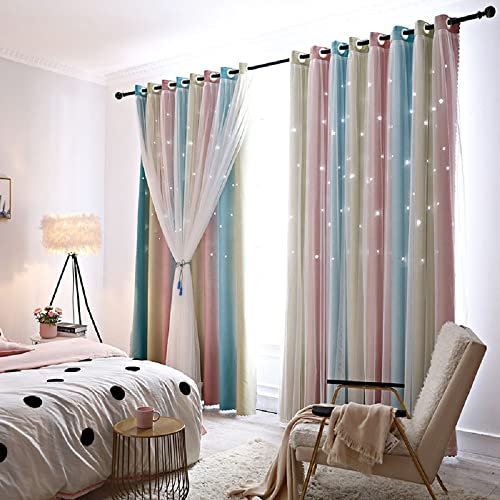 Lanqinglv Verdunkelugsvorhang Kinderzimmer Gardienen 2er Set Sterne Verdunkelung Vorhänge Blickdicht mit Ösen Mädchen Voile Farbverlauf Gardinen Rosa Gelb Blau (H 213 x B 132 cm)