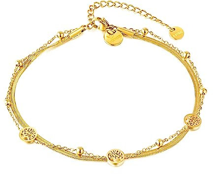 VICKWOOD Damen Fußkettchen Lebensbaum Armband aus Edelstahl Kette bis 30cm Lang 18K Vergoldung Wasserfest in Gold/Rose Gold/Silber Geschenk für Frauen (F.Ketten_Gold/30cm)