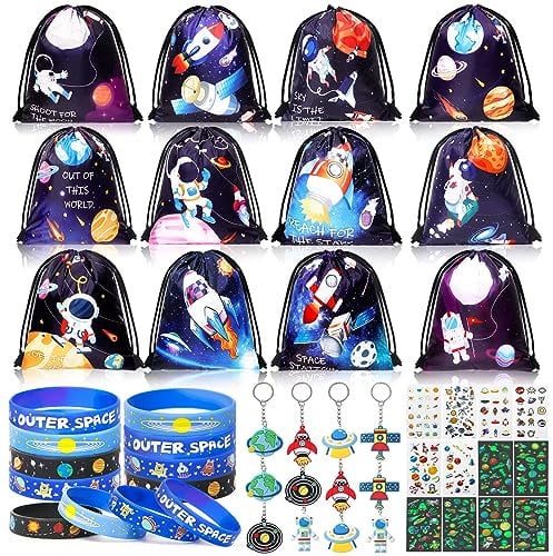 Weltraum Kindergeburtstag Mitgebsel Set mit Kordelzugbeutel Turnbeutel Kinder Silikonarmband Schlüsselanhänger Tattoos Weltraum Give Aways Gastgeschenke Geschenktüten für Junge
