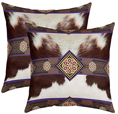 2Er Set Kissenbezüge Kuhfell Rindsleder Bauernhaus Lila Geometrie Western Nutztier Kopfkissenbezug Mit Reißverschluss Weiche Umarmung Kissenbezüge 45x45 cm, Für Schlafzimmer, Lounge
