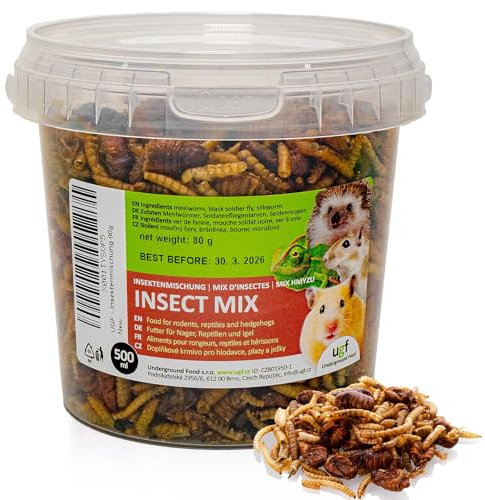 UGF – Miscela di insetti, secchio da 500 millilitri - 90g, cibo per ricci, mangime per topo, mangime per ratti, lucertola, larve di mosca soldato, bachi da seta