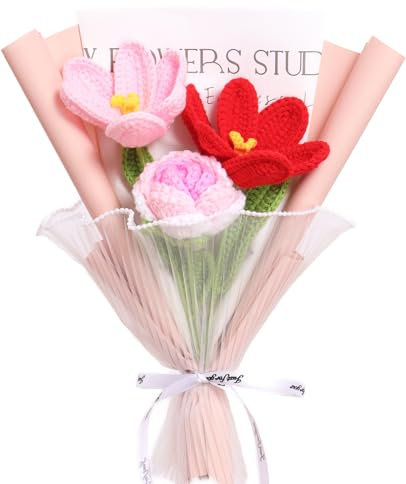 YOFANUP Häkelblumen, Häkelblumenstrauß, konservierte Blumen, fertige handgefertigte Blumen, rosa Rosen, rosa Tulpe, Häkelblumenstrauß für Muttertag