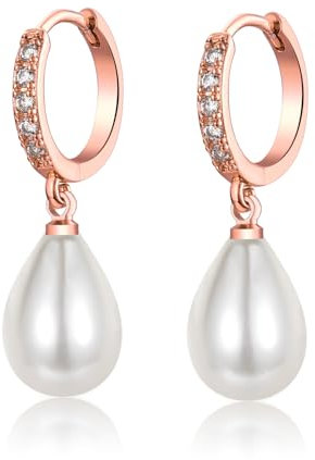 Pearl Dangle Earrings for Women, Sterling Silver Pearl Drop Hoop Earrings, Hypoallergenic Teardrop Pearl Rose Gold Hoop Earrings with AAA+ Cubic Zirconias | Jewellery Gifts for Birthday Weeding
