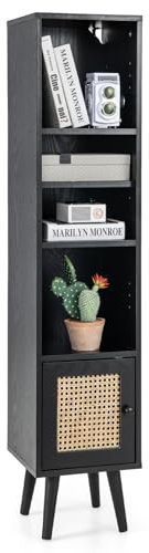 COSTWAY Slim Cube Bookcase, Freestanding Bookshelf Storage Cabinet with 12-Position Adjustable Shelf and Rattan Door, Solid Wood Legs Display Cupboard Organizer Unit for Living Room Office (Black)