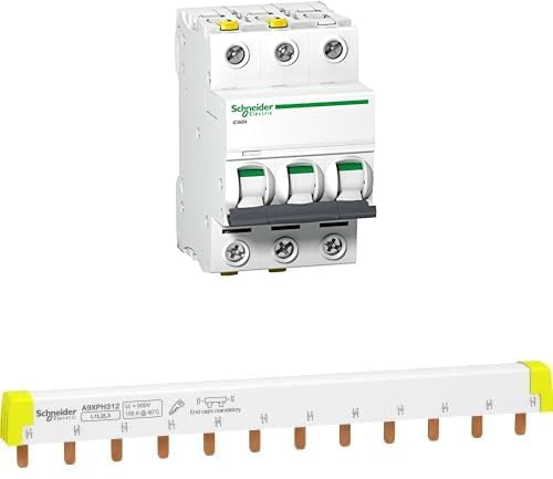 Bundle aus Schneider Electric A9F03320 Leitungsschutzschalter ACTI9 IC60N 3P 20A B + Schneider Electric A9XPH312 Phasenschiene Steg, ablängbar, 3P, 12 TE, 100A