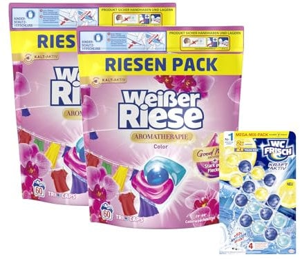 Weißer Riese Color Trio-Caps A-Th. Orchidee & Macadamiaöl (1x 120 WL), Color Waschmittel mit Good Mood-Duft & WC FRISCH Kraft Aktiv Duftspüler Mix Lemon + Frische Brise, 1x 200g